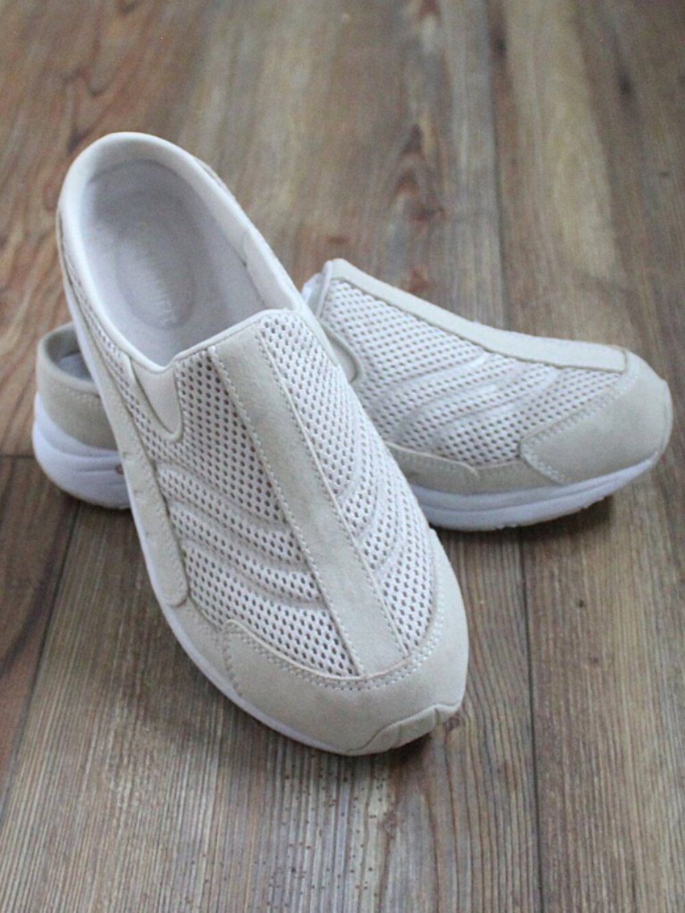 Easy Spirit Traveltime Slip On Mule Walking Sneakers Clog Light Beige Suede Mesh